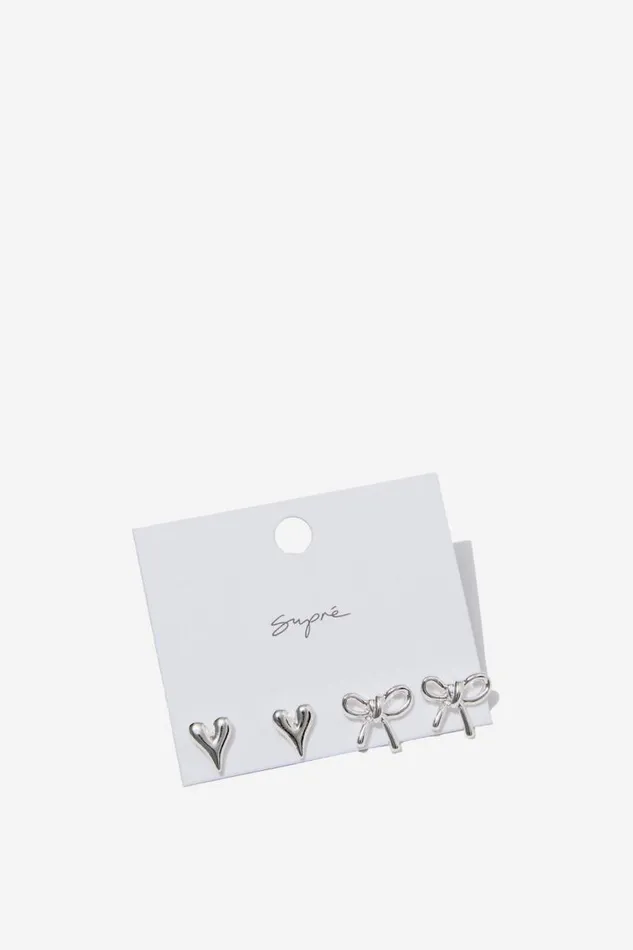 Accessories Supr Accessories Bow and Heart Earring Pack Silver