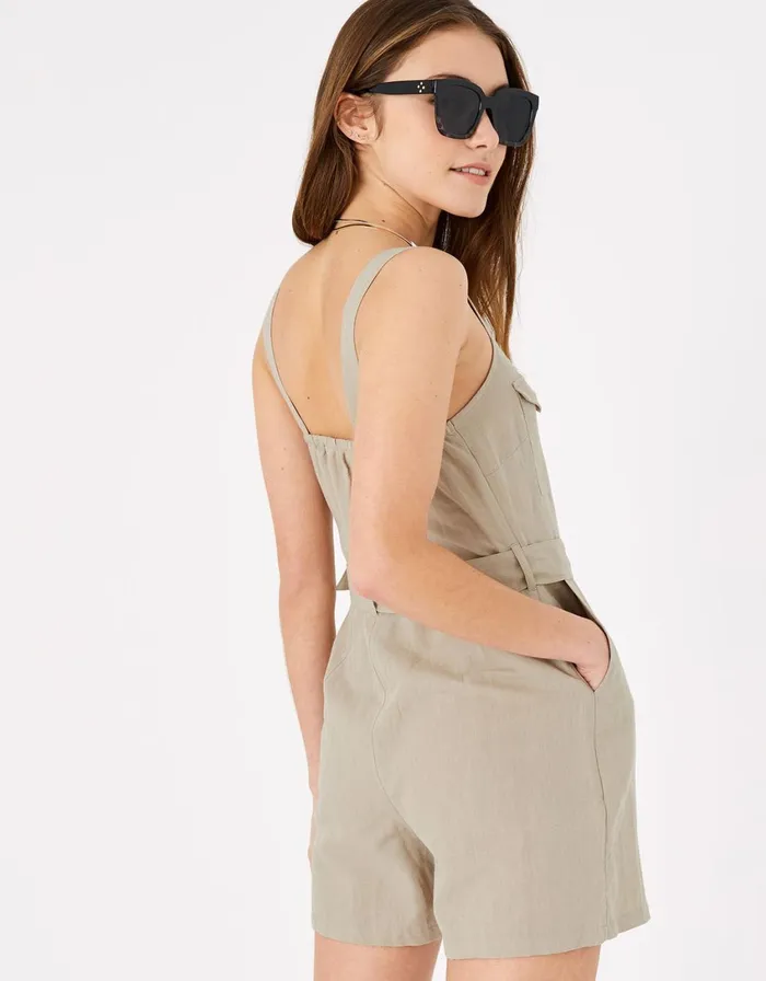 Accessorize Belted Playsuit In Linen Blend Green Khaki Women Jumpsuits and Playsuits