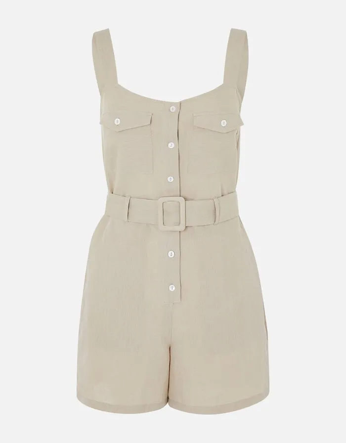 Accessorize Belted Playsuit In Linen Blend Green Khaki Women Jumpsuits and Playsuits