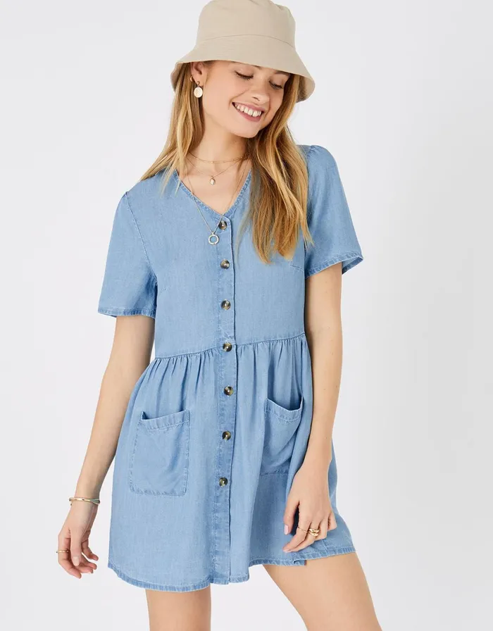 Accessorize Chambray Mini Dress Blue Blue Women Dresses