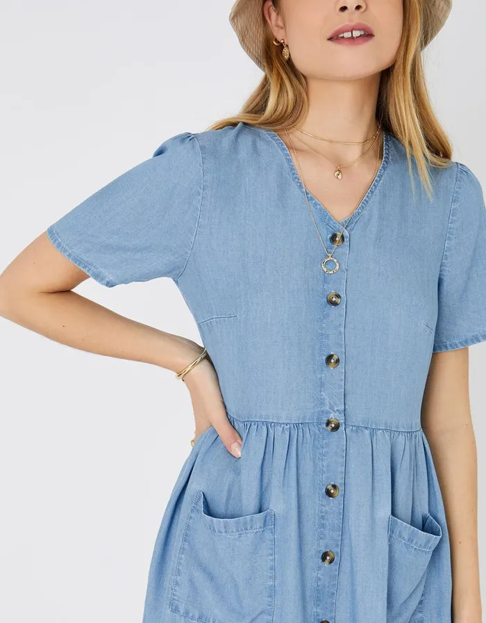 Accessorize Chambray Mini Dress Blue Blue Women Dresses