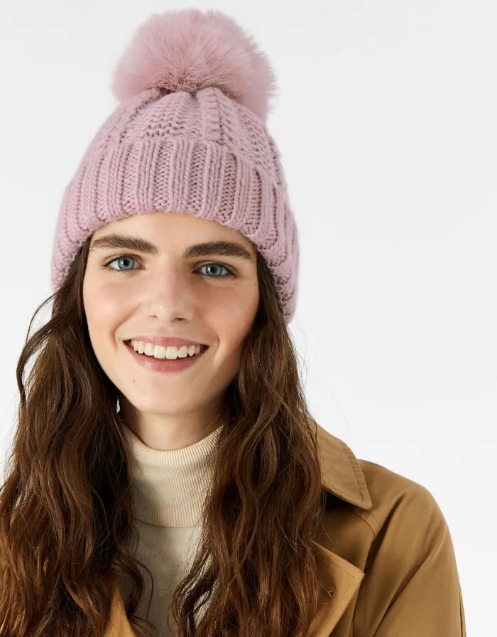 Accessorize Chunky Knit PomPom Beanie Pink Women Hats