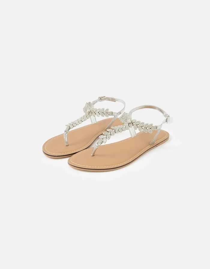 Accessorize Diamante Leaf Strap Sandals White Crystal Women Sandals and Flip Flops