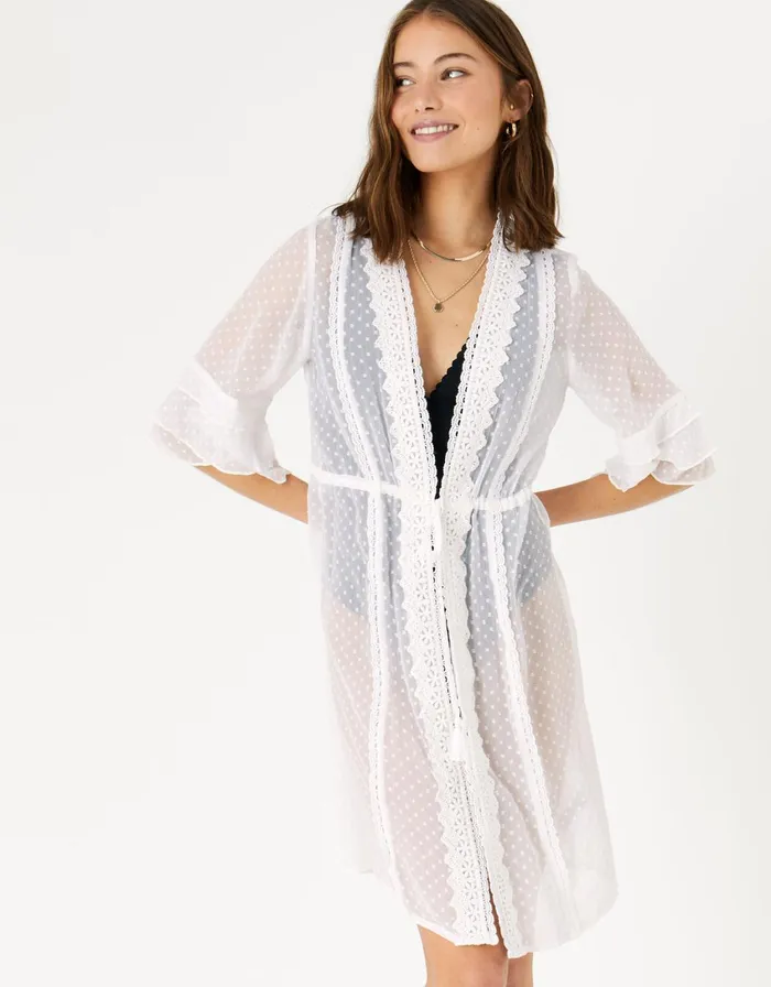 Accessorize Dobby Tiered Sleeve Kaftan White White Women Kaftans Cover Ups and Sarongs