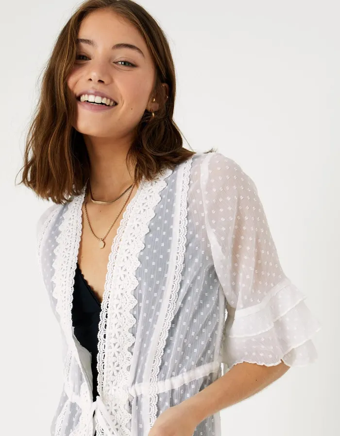 Accessorize Dobby Tiered Sleeve Kaftan White White Women Kaftans Cover Ups and Sarongs