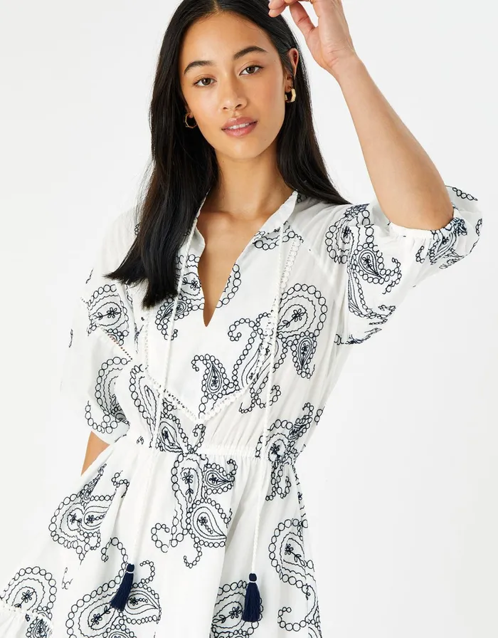 Accessorize Embroidered Tassel Tie Dress Blue Navy Women Dresses