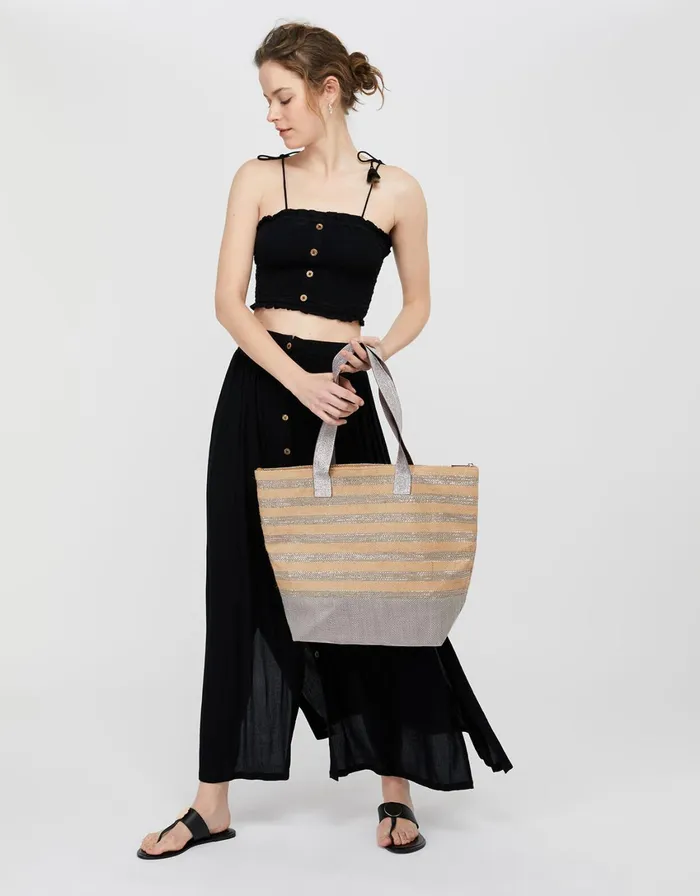 Accessorize Glitter Stripe Tote Bag With Matching Pouch Women Beach Bags