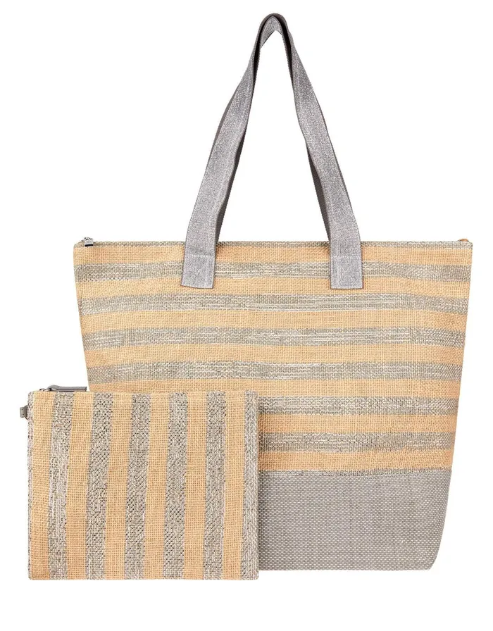 Accessorize Glitter Stripe Tote Bag With Matching Pouch Women Beach Bags