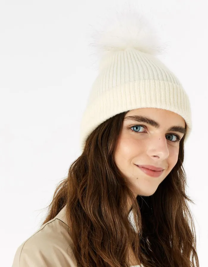 Accessorize Knit PomPom Beanie With Recycled Fabric Natural Natural Women Hats