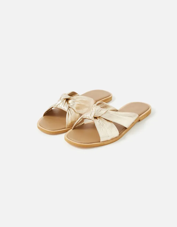 Accessorize Leather Knotted Sliders Gold Gold Women Sandals and Flip Flops