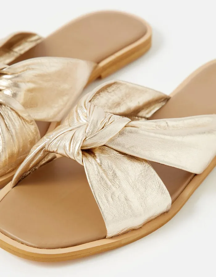 Accessorize Leather Knotted Sliders Gold Gold Women Sandals and Flip Flops