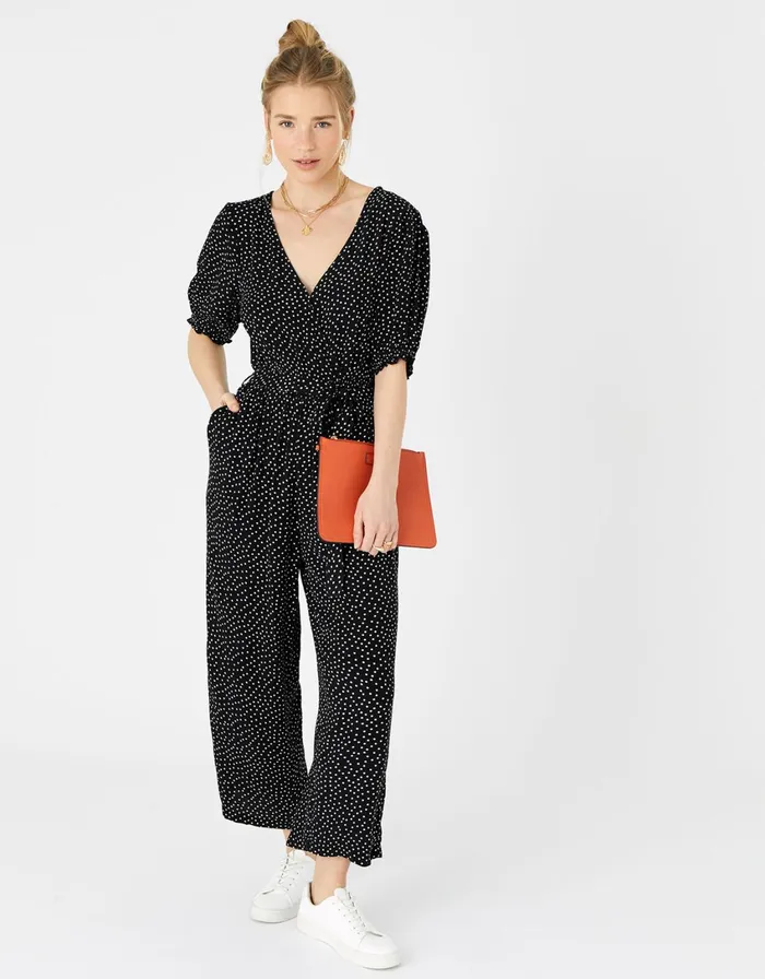 Accessorize Spot Wrap Jumpsuit In LENZING ECOVERO Black Black White Women Jumpsuits and Playsuits