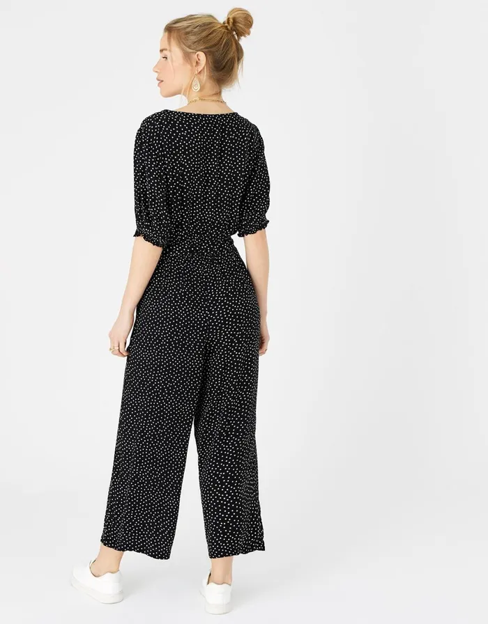 Accessorize Spot Wrap Jumpsuit In LENZING ECOVERO Black Black White Women Jumpsuits and Playsuits