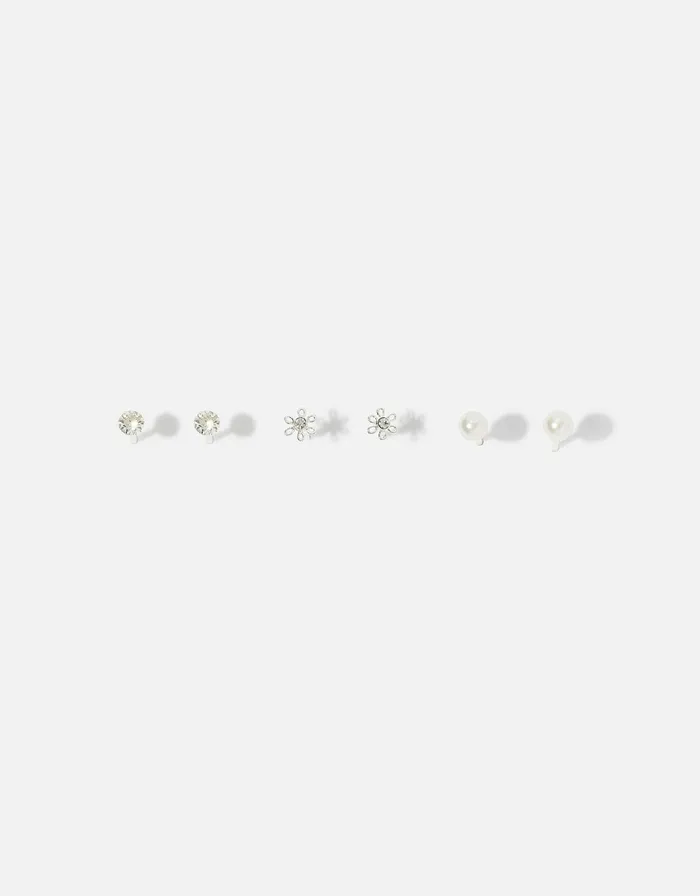 Accessorize Sterling Silver Crystal Pearl Stud Set Women Earrings