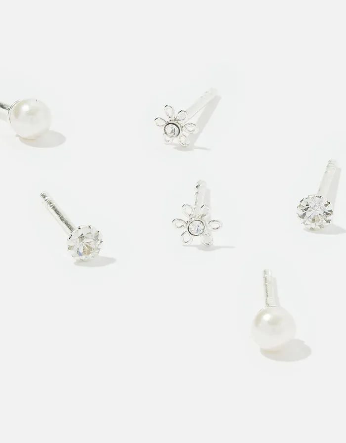 Accessorize Sterling Silver Crystal Pearl Stud Set Women Earrings