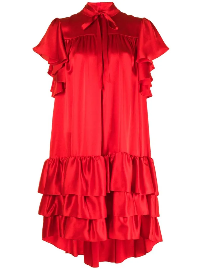 Adam Lippes Dresses and Jumpsuits Tiered Dress With Flounce Sleeve In Silk Charmeuse Red 8211 Women