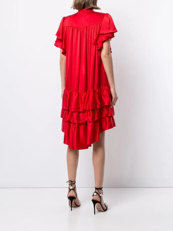 Adam Lippes Dresses and Jumpsuits Tiered Dress With Flounce Sleeve In Silk Charmeuse Red 8211 Women
