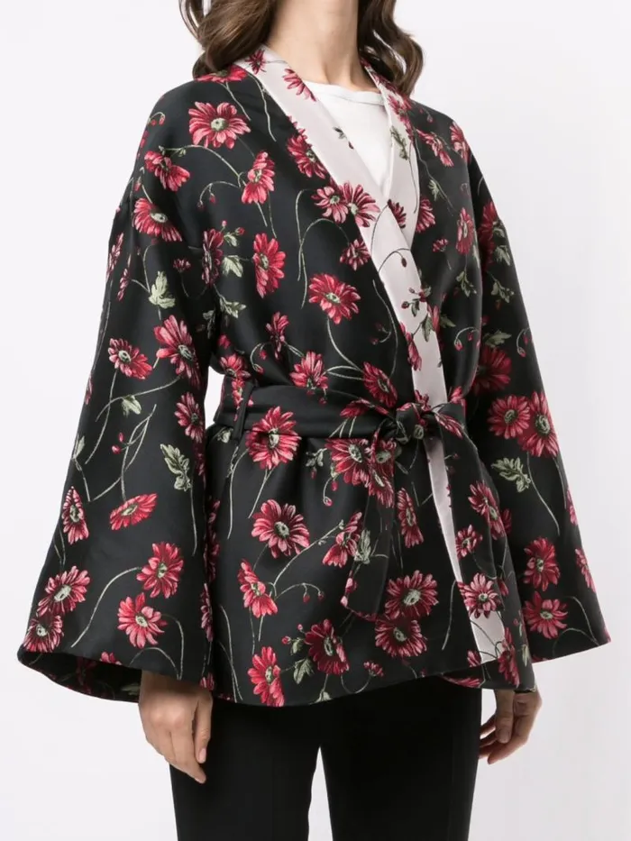 Adam Lippes Jackets and Coats Kimono Robe Jacket In Jacquard Black Daisy 8211 Women