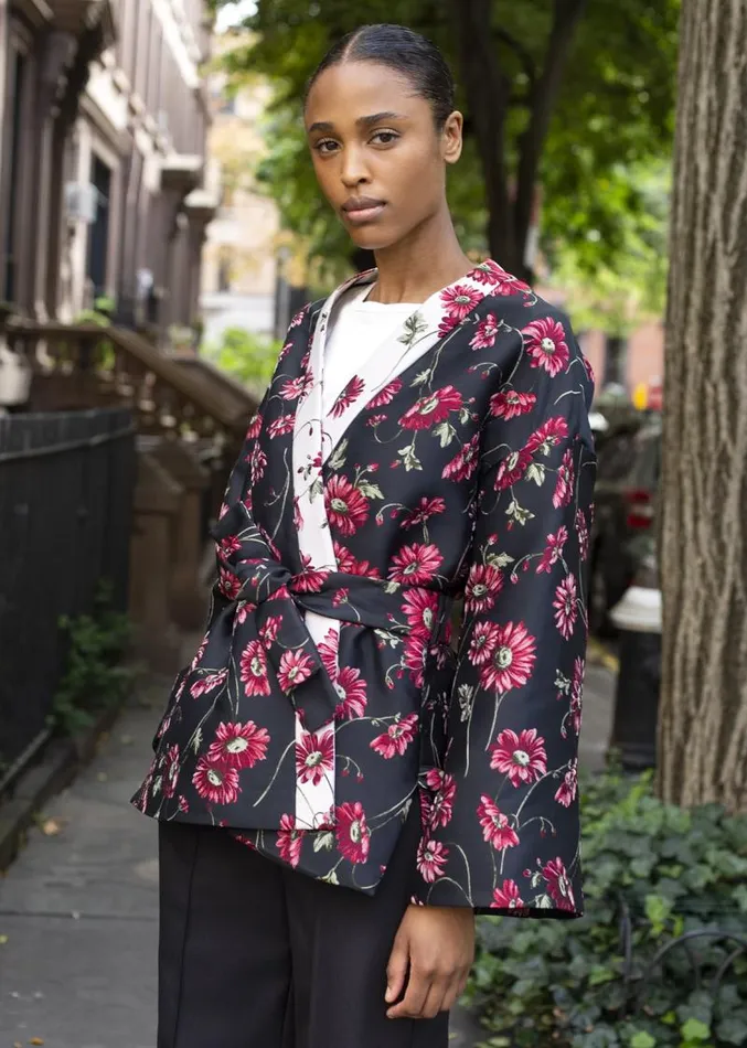 Adam Lippes Jackets and Coats Kimono Robe Jacket In Jacquard Black Daisy 8211 Women