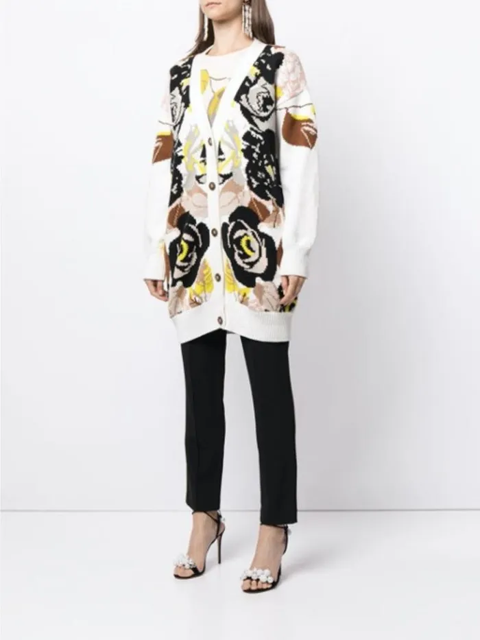 Adam Lippes Sweaters Intarsia Cardigan In Cotton Ivory Floral 8211 Women