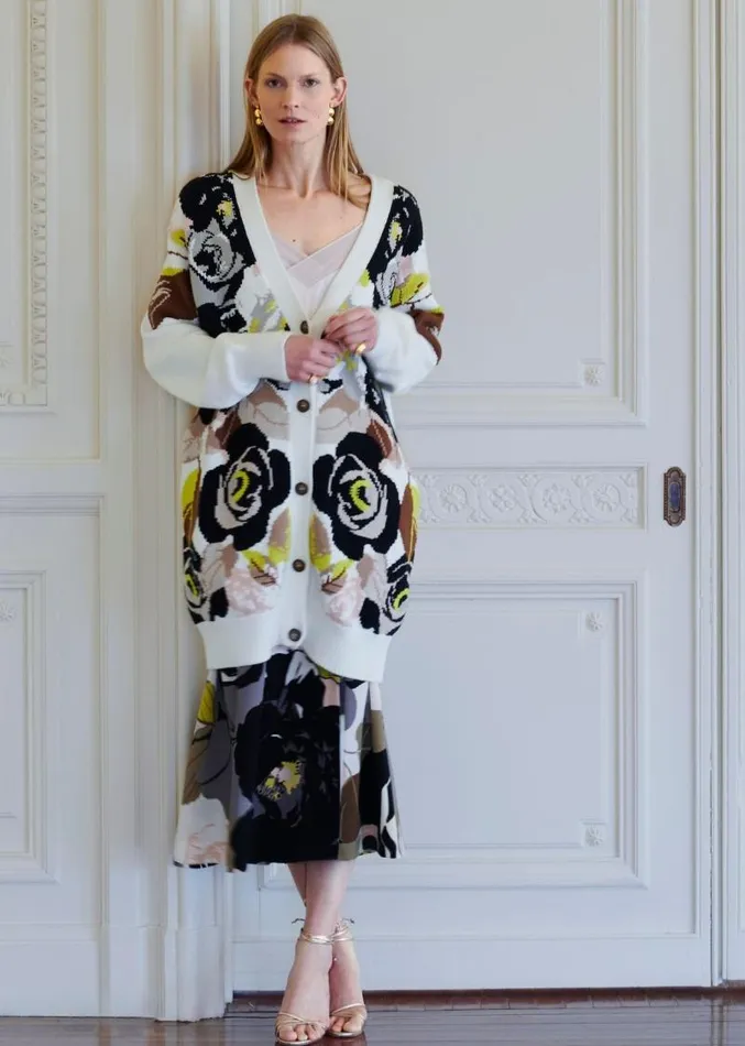 Adam Lippes Sweaters Intarsia Cardigan In Cotton Ivory Floral 8211 Women