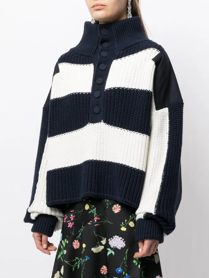 Adam Lippes Sweaters Striped Henley Sweater In Cotton Bluewhite Stripe 8211 Women