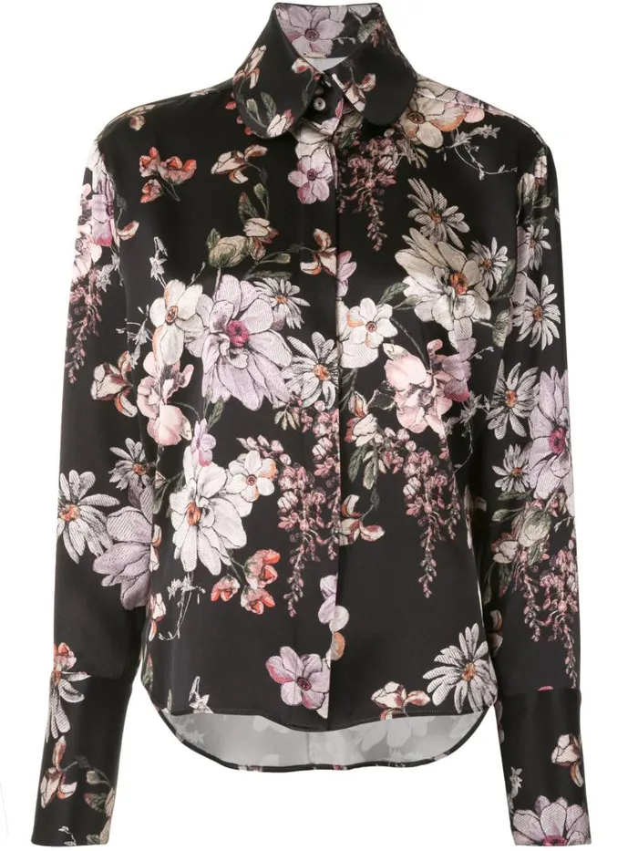 Adam Lippes Tops Long Sleeve Blouse With Peter Pan Collar In Printed Charmeuse Black Floral 8211 Women