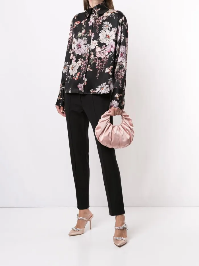 Adam Lippes Tops Long Sleeve Blouse With Peter Pan Collar In Printed Charmeuse Black Floral 8211 Women