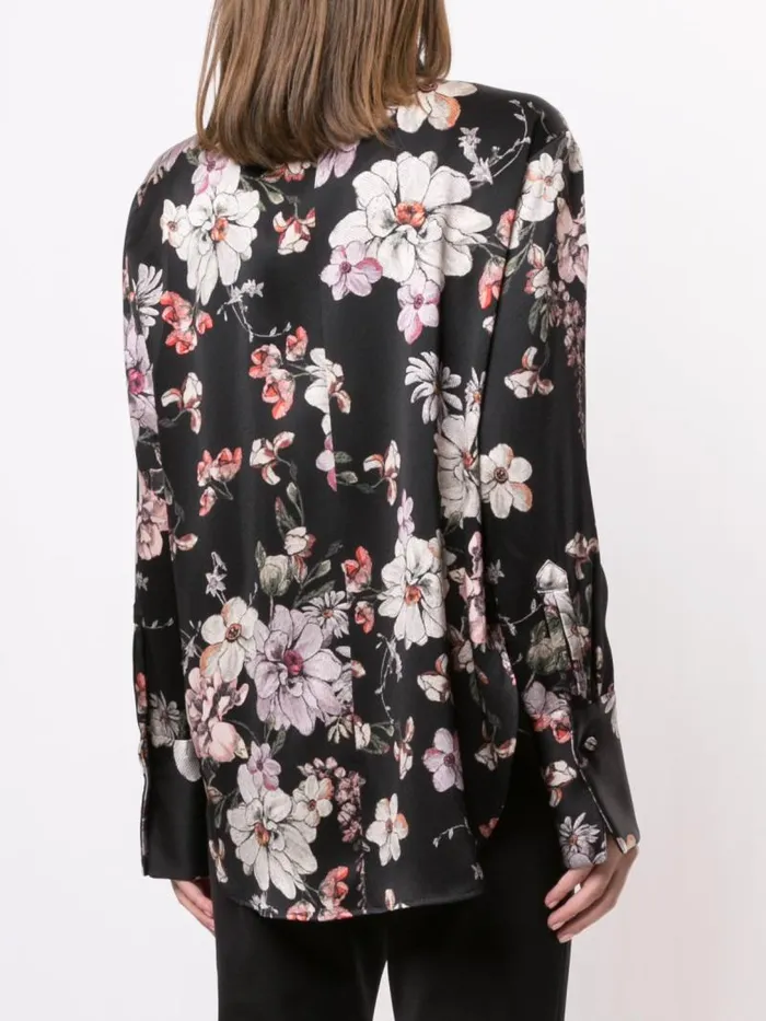 Adam Lippes Tops Long Sleeve Blouse With Peter Pan Collar In Printed Charmeuse Black Floral 8211 Women
