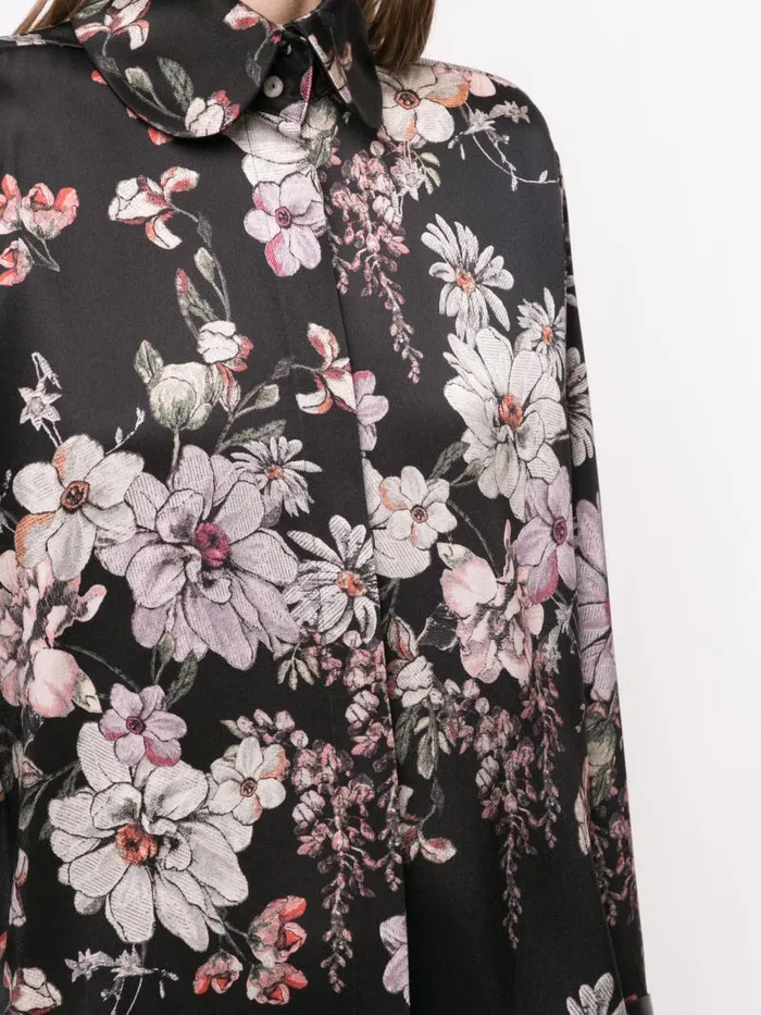Adam Lippes Tops Long Sleeve Blouse With Peter Pan Collar In Printed Charmeuse Black Floral 8211 Women