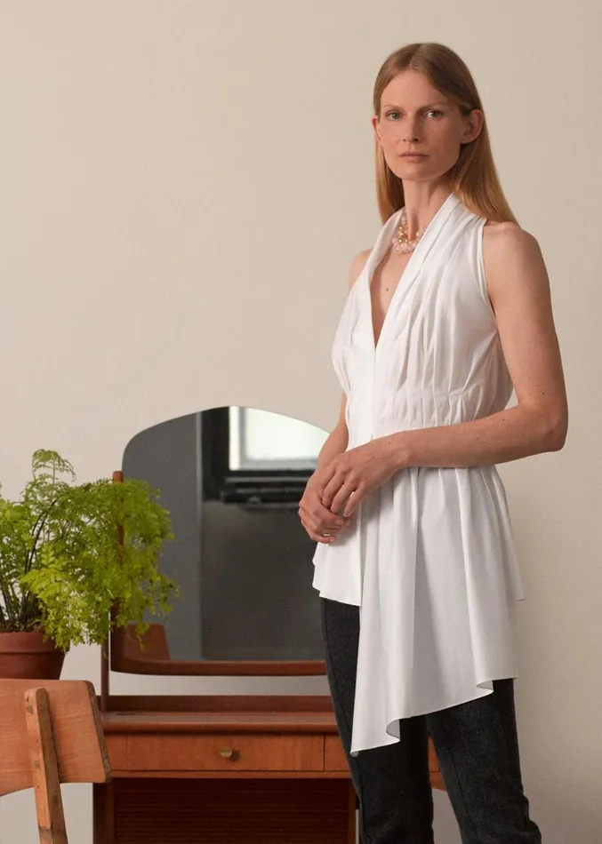 Adam Lippes Tops Pleated Asymmetrical Top In Cotton Poplin White 8211 Women