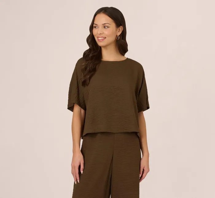 Adrianna Papell Coord Sets Kimono Sleeve Crinkle Boxy Crop Top In Chocolate Walnut 8211 Women