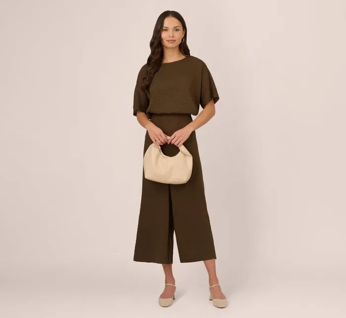 Adrianna Papell Coord Sets Kimono Sleeve Crinkle Boxy Crop Top In Chocolate Walnut 8211 Women