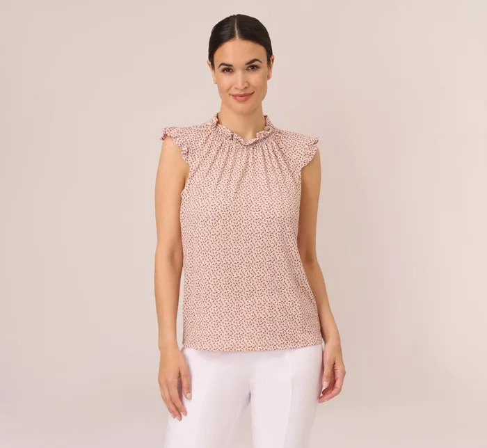 Adrianna Papell Coord Sets Mock Neck Print Top With Ruffled Details In Champagne Blowing Leaf 8211 Women Adrianna Papell Coord Sets Mock Neck Print Top With Ruffled Details In Champagne Blowing Leaf 8211 Women