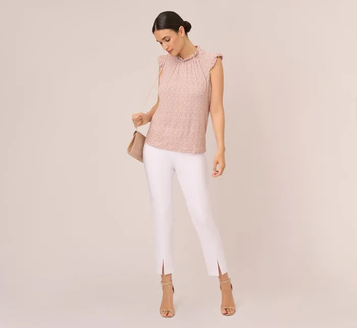 Adrianna Papell Coord Sets Mock Neck Print Top With Ruffled Details In Champagne Blowing Leaf 8211 Women