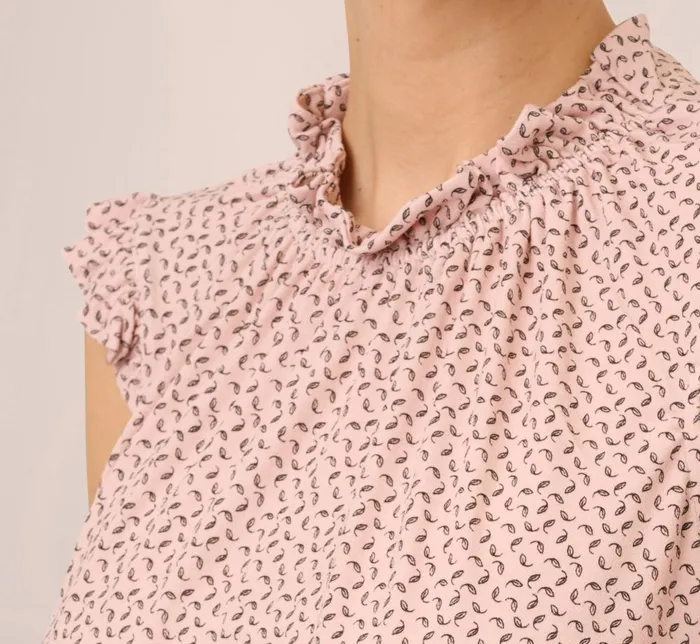 Adrianna Papell Coord Sets Mock Neck Print Top With Ruffled Details In Champagne Blowing Leaf 8211 Women