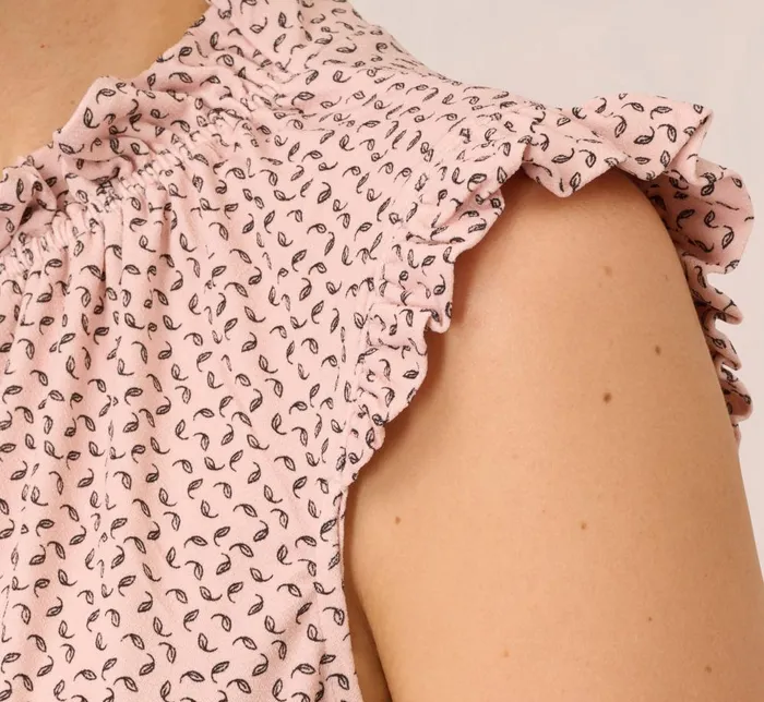 Adrianna Papell Coord Sets Mock Neck Print Top With Ruffled Details In Champagne Blowing Leaf 8211 Women