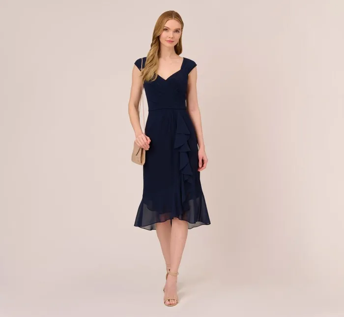 Adrianna Papell Day Dresses Chiffon And Jersey Flounce Draped Dress With Pleated Details In Midnight 8211 Women