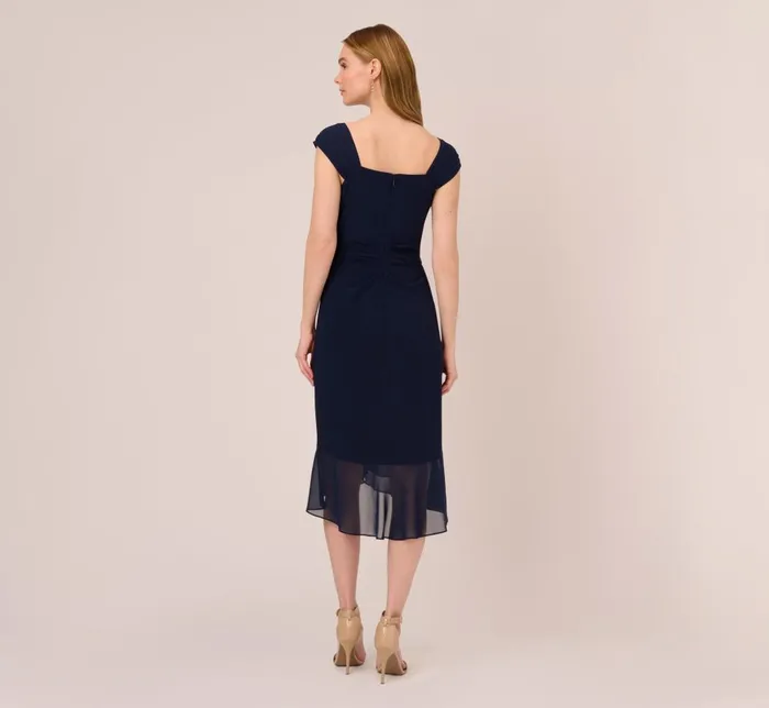 Adrianna Papell Day Dresses Chiffon And Jersey Flounce Draped Dress With Pleated Details In Midnight 8211 Women
