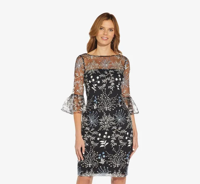 Adrianna Papell Day Dresses Embroidered Three Quarter Sleeve Short Sheath Dress With Bell Sleeves In Blue Multi 8211 Women Adrianna Papell Day Dresses Embroidered Three Quarter Sleeve Short Sheath Dress With Bell Sleeves In Blue Multi 8211 Women