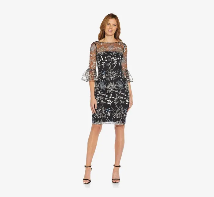 Adrianna Papell Day Dresses Embroidered Three Quarter Sleeve Short Sheath Dress With Bell Sleeves In Blue Multi 8211 Women