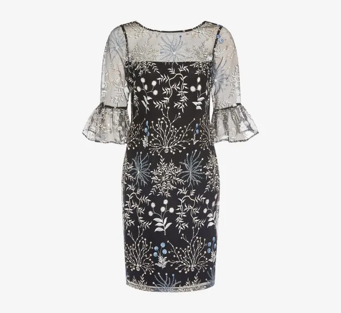 Adrianna Papell Day Dresses Embroidered Three Quarter Sleeve Short Sheath Dress With Bell Sleeves In Blue Multi 8211 Women