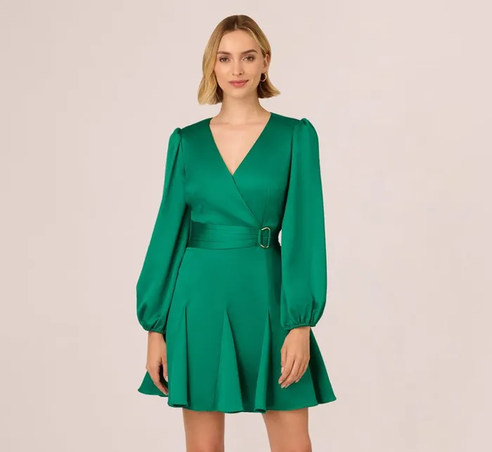 Adrianna Papell Day Dresses Godet Faux Wrap Short Dress In Radiant Emerald 8211 Women