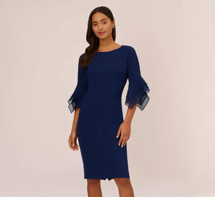 Adrianna Papell Day Dresses Knit Crepe Sheath Dress With Tiered Three Quarter Sleeves In Navy Sateen 8211 Women Adrianna Papell Day Dresses Knit Crepe Sheath Dress With Tiered Three Quarter Sleeves In Navy Sateen 8211 Women