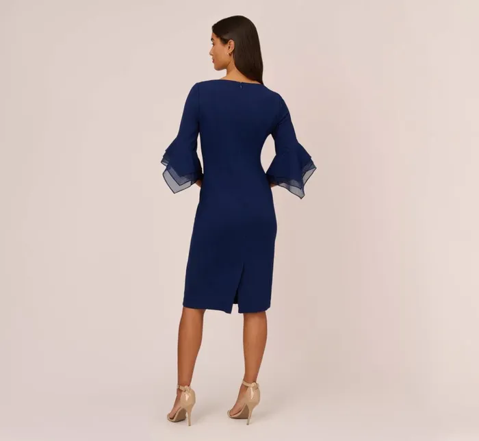 Adrianna Papell Day Dresses Knit Crepe Sheath Dress With Tiered Three Quarter Sleeves In Navy Sateen 8211 Women
