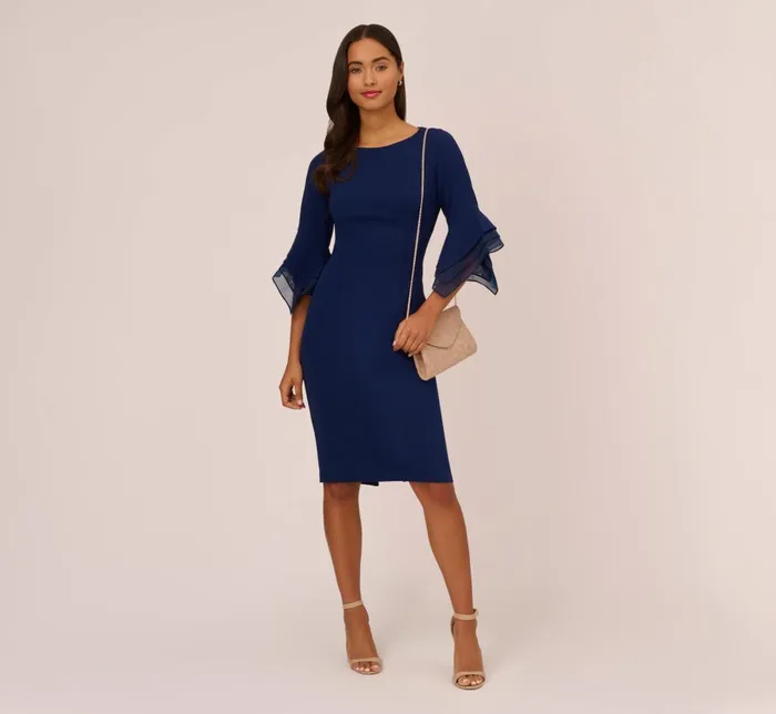 Adrianna Papell Day Dresses Knit Crepe Sheath Dress With Tiered Three Quarter Sleeves In Navy Sateen 8211 Women