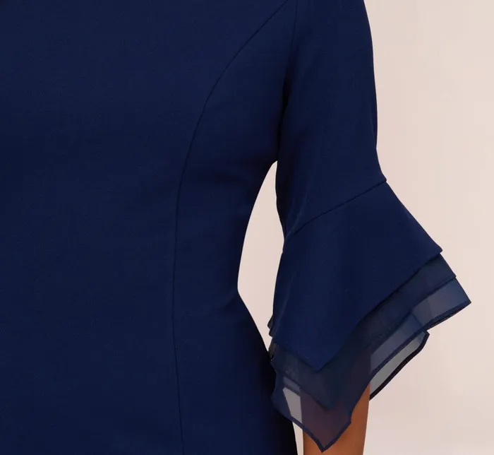 Adrianna Papell Day Dresses Knit Crepe Sheath Dress With Tiered Three Quarter Sleeves In Navy Sateen 8211 Women