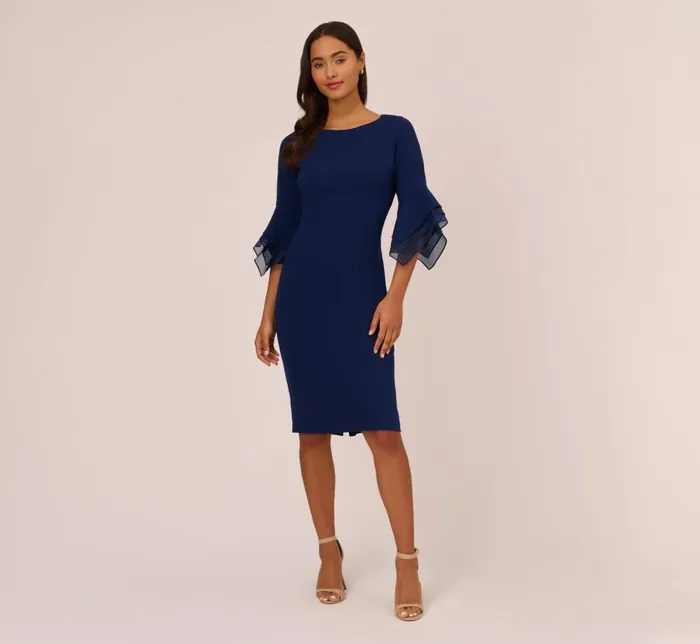 Adrianna Papell Day Dresses Knit Crepe Sheath Dress With Tiered Three Quarter Sleeves In Navy Sateen 8211 Women