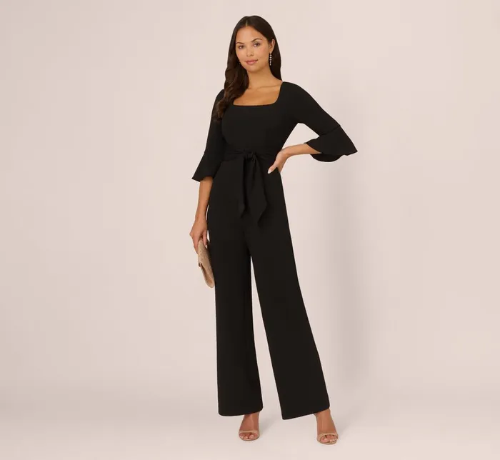 Adrianna Papell Day Dresses Knit Crepe Wide Leg Jumpsuit With Bell Sleeves In Black 8211 Women