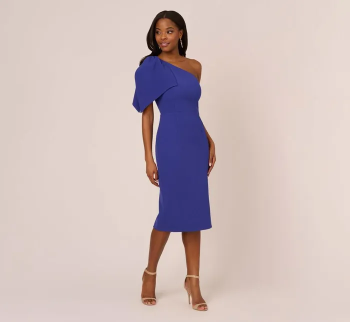 Adrianna Papell Day Dresses One Shoulder Midi Dress With Bow Accent In Disco Indigo 8211 Women